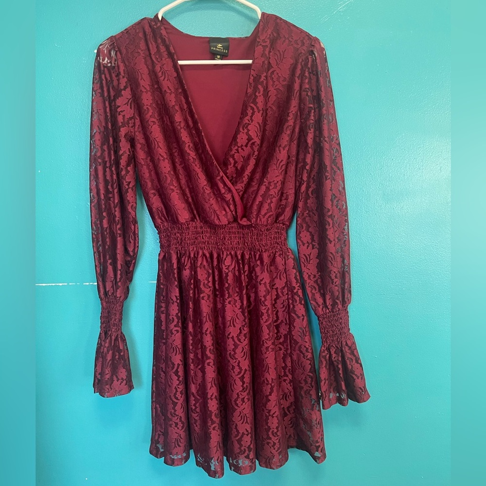 Maroon lace dress.